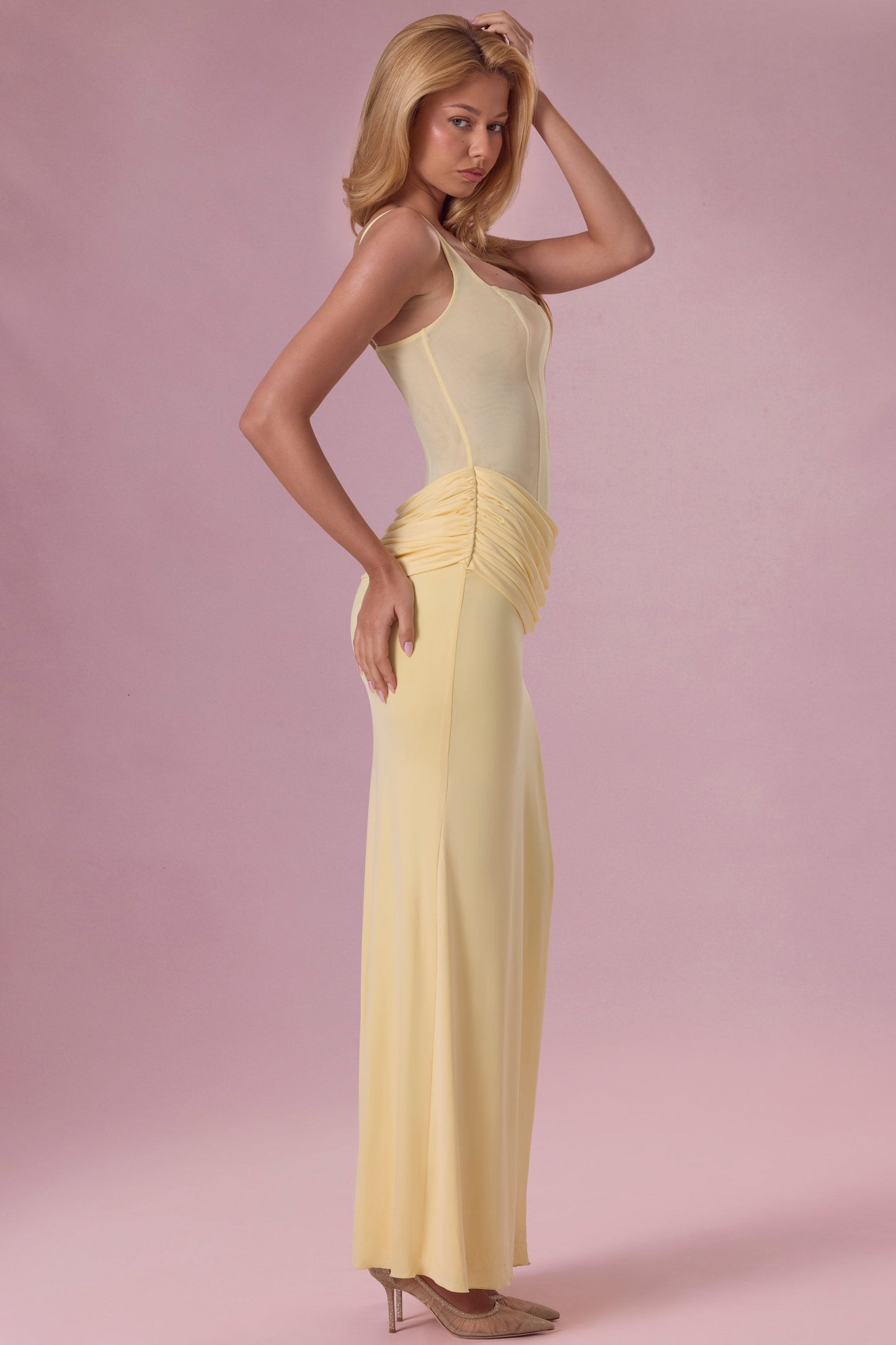 Mesh Draped Bridesmaid Dress in Butter Yellow