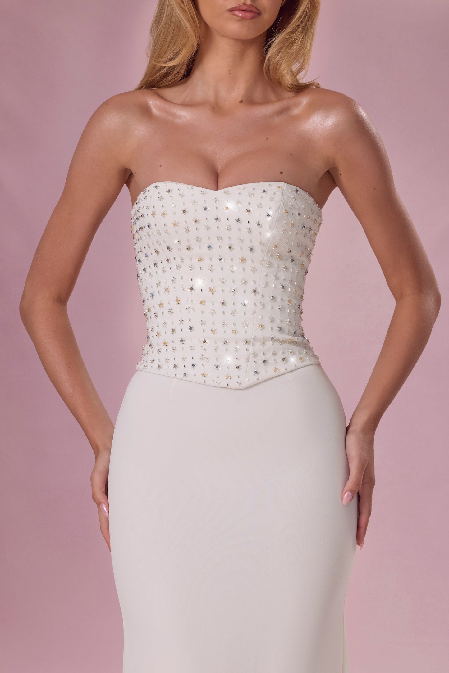 Embellished Corset Strapless Gown in Ivory