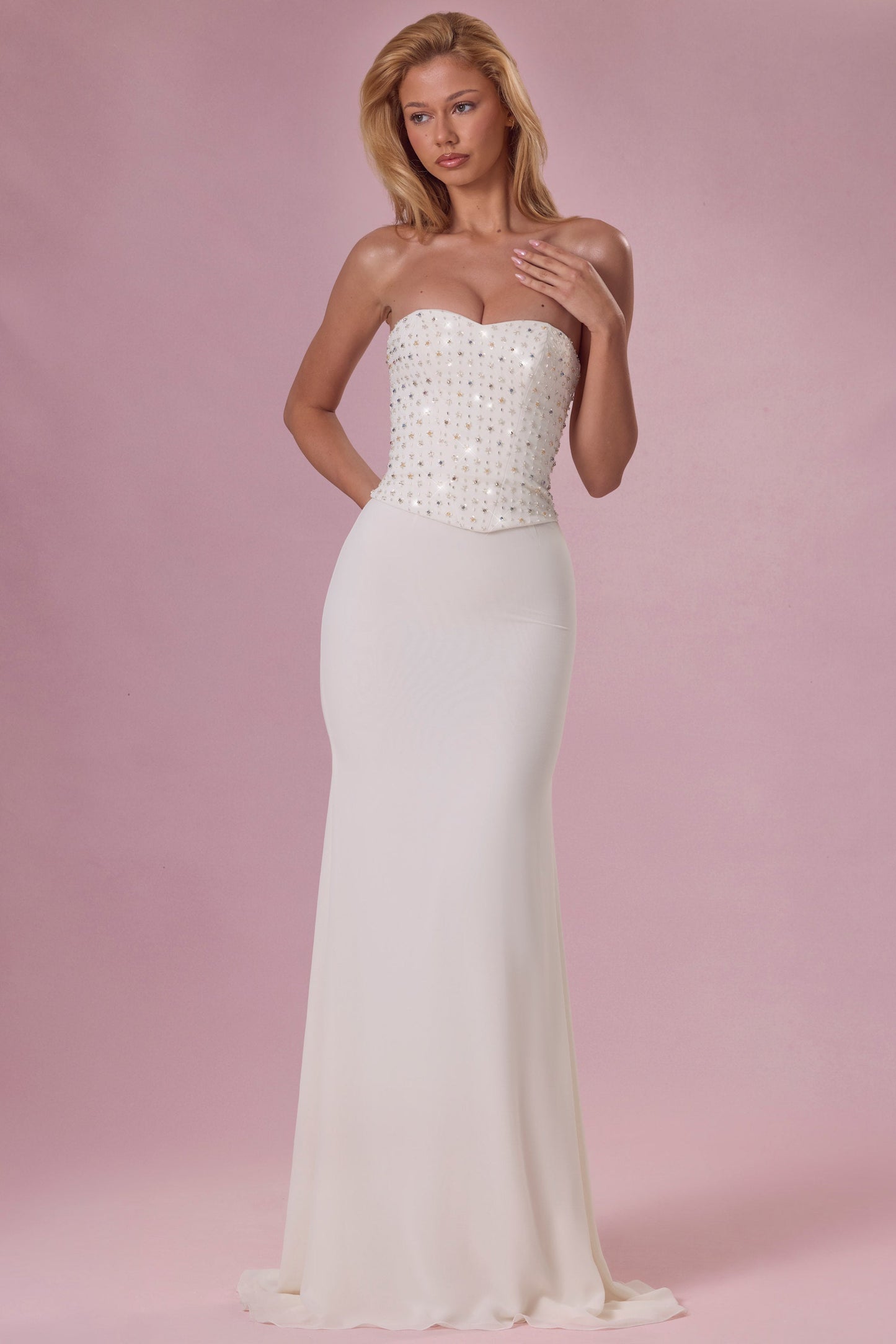 Embellished Corset Strapless Gown in Ivory