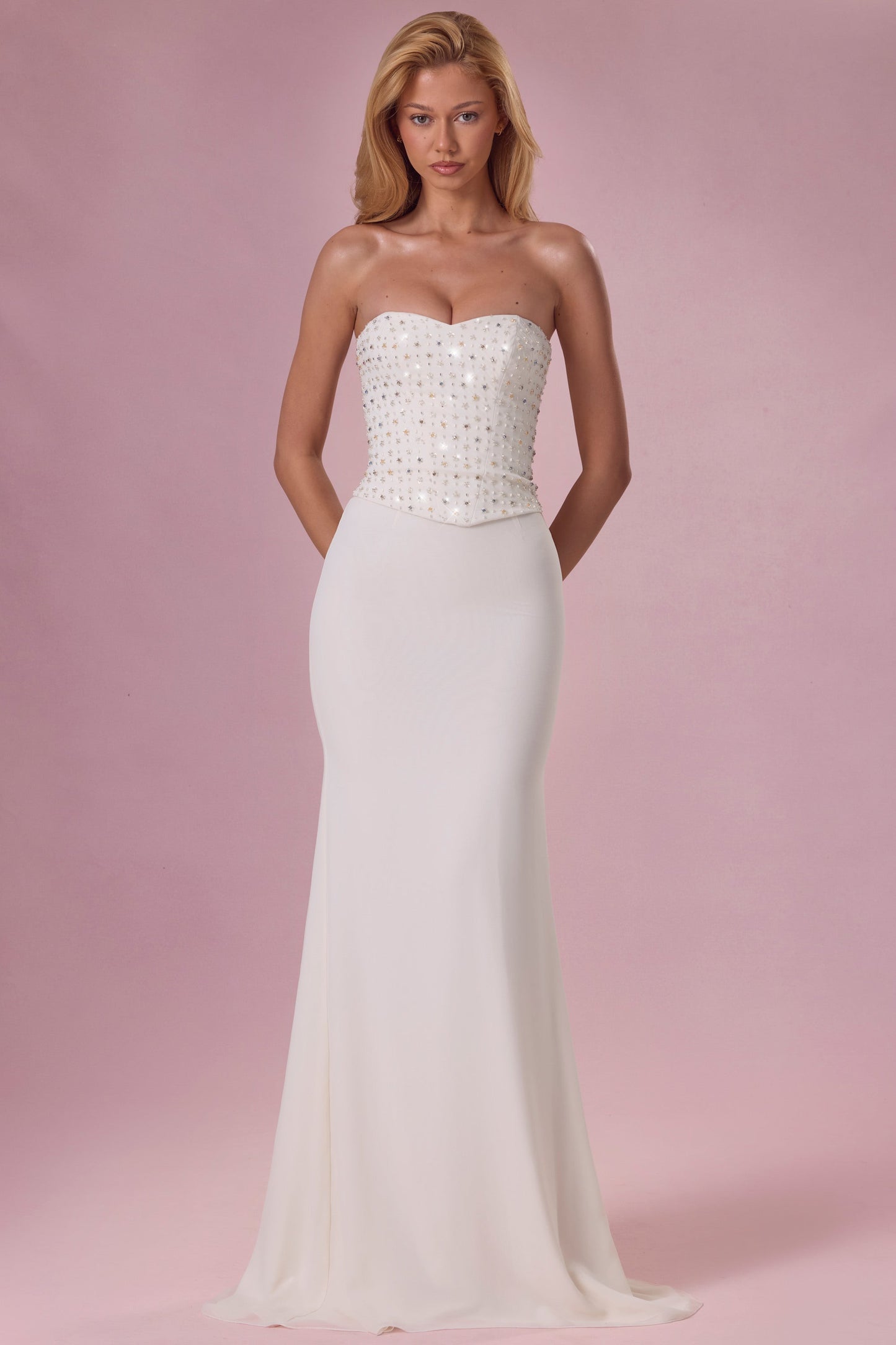 Embellished Corset Strapless Gown in Ivory
