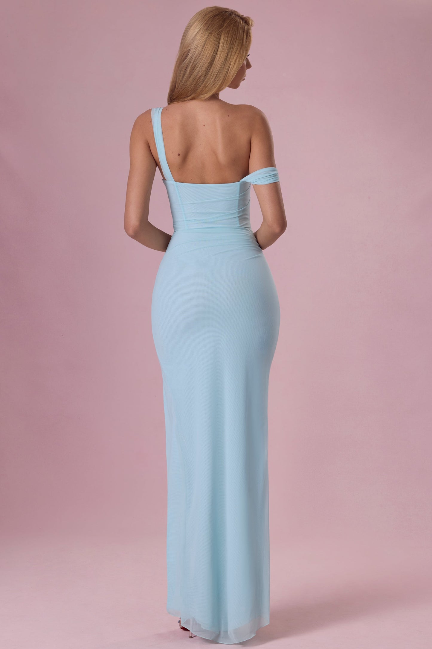 Premium Mesh Draped Corset Gown in Light Aqua