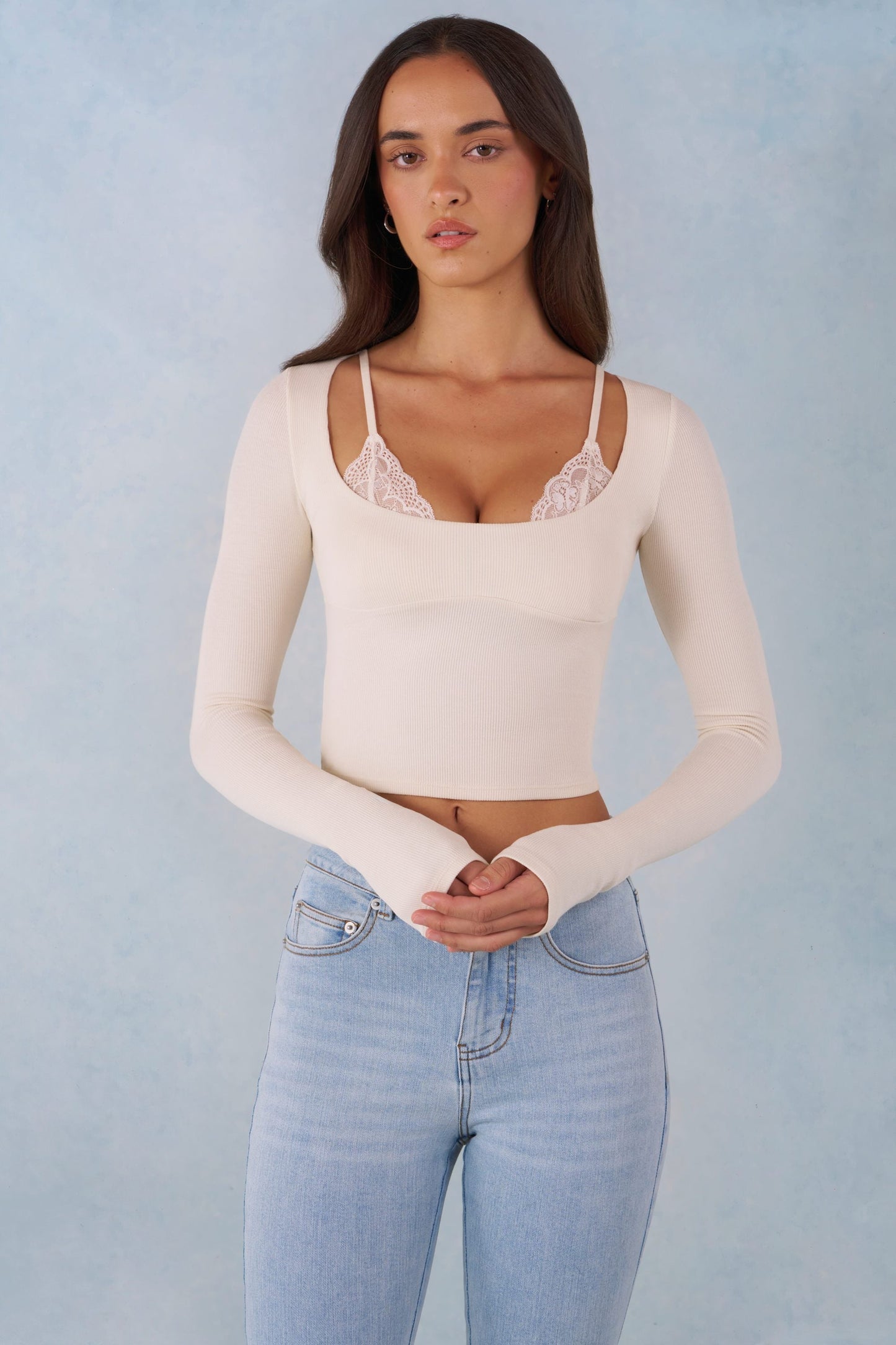 Ribbed Modal Long-Sleeve Laced Bra Top in Ivory