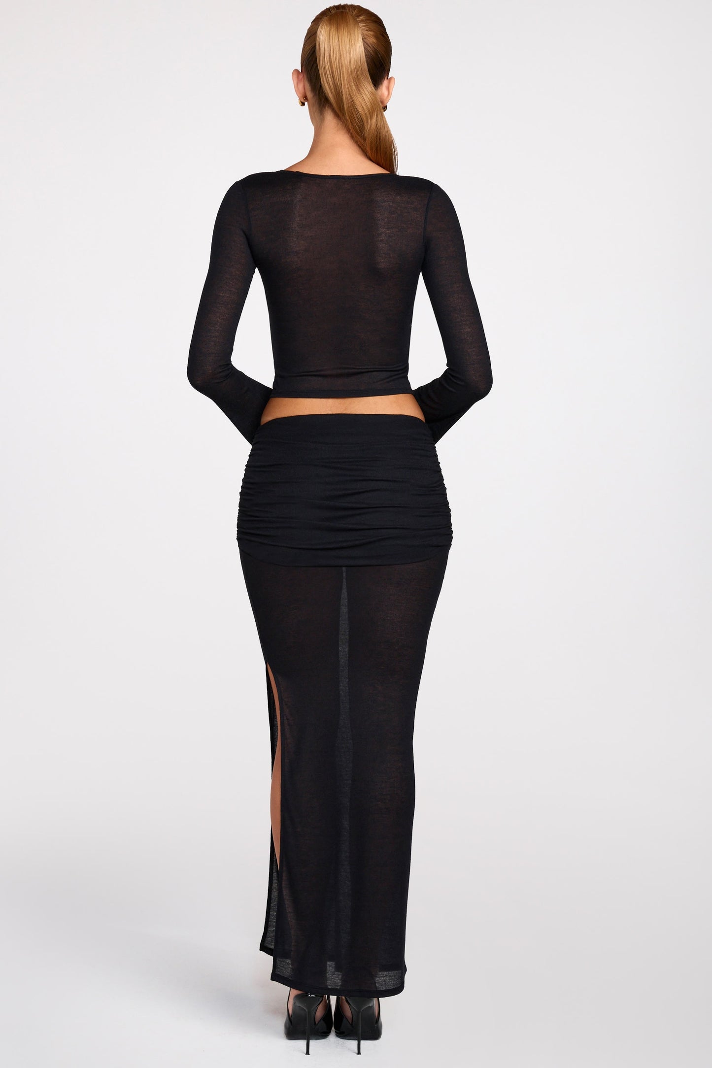 Sheer Jersey Low-Rise Draped Maxi Skirt in Black