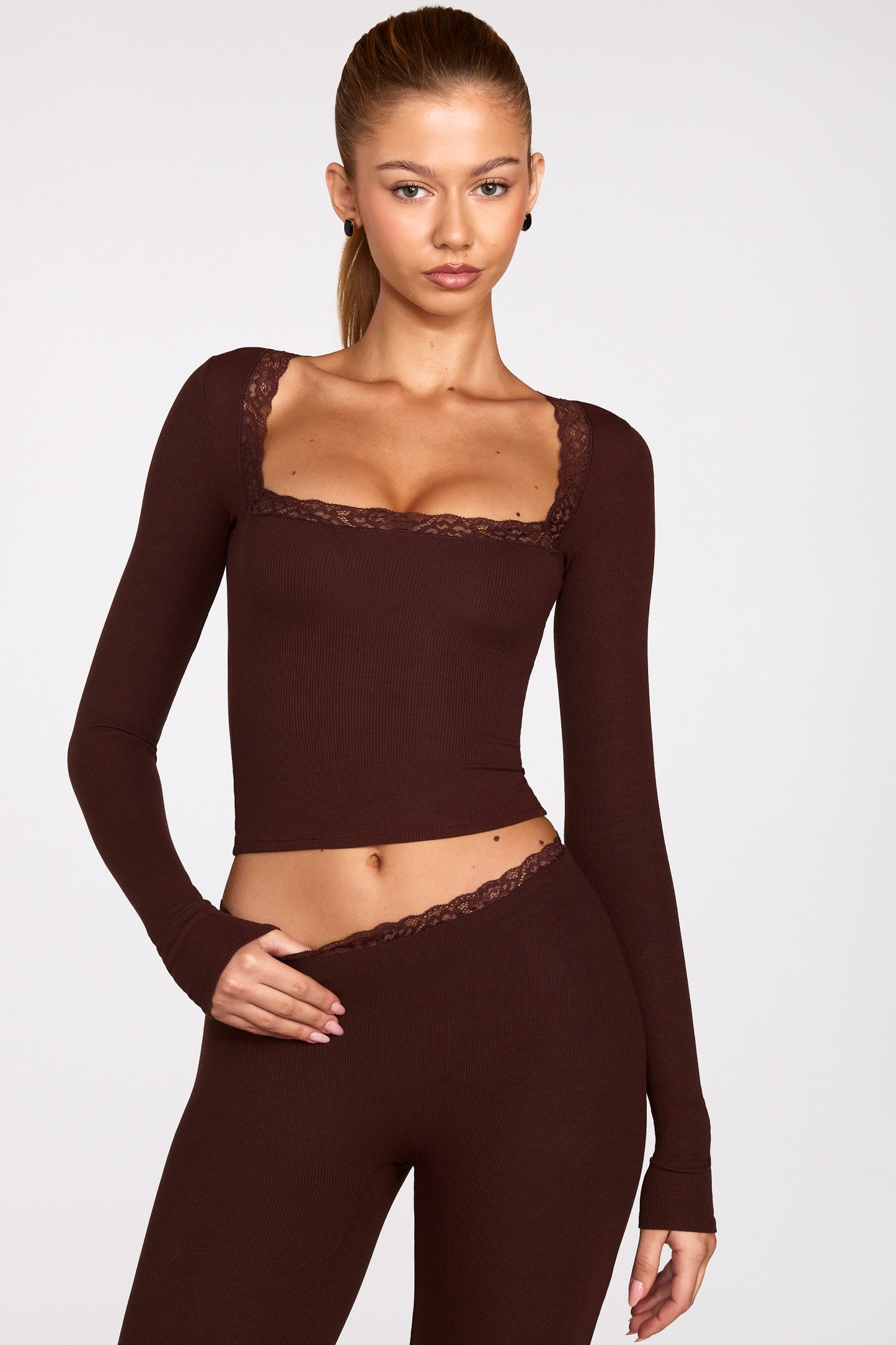 Ribbed Modal Square-Neck Long-Sleeve Top in Chocolate Brown