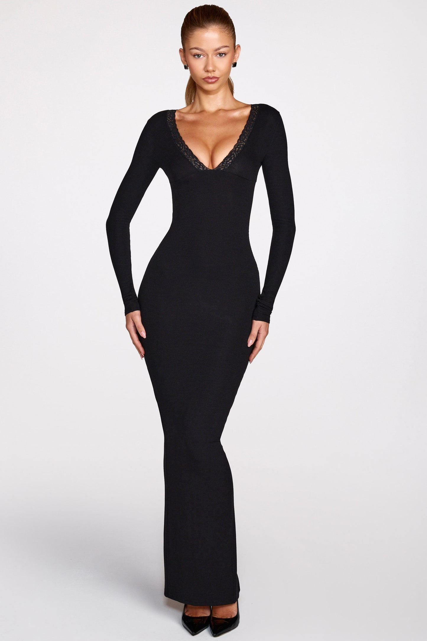 Ribbed Modal Long-Sleeve Plunge Maxi Dress in Black