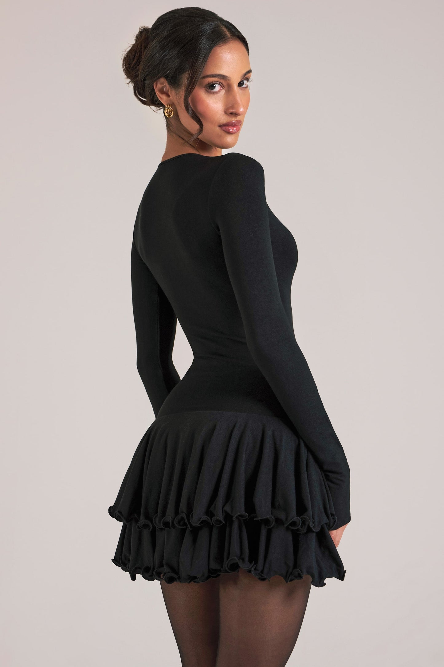 V-Neck Ruffle Skirt Mini Dress in Black
