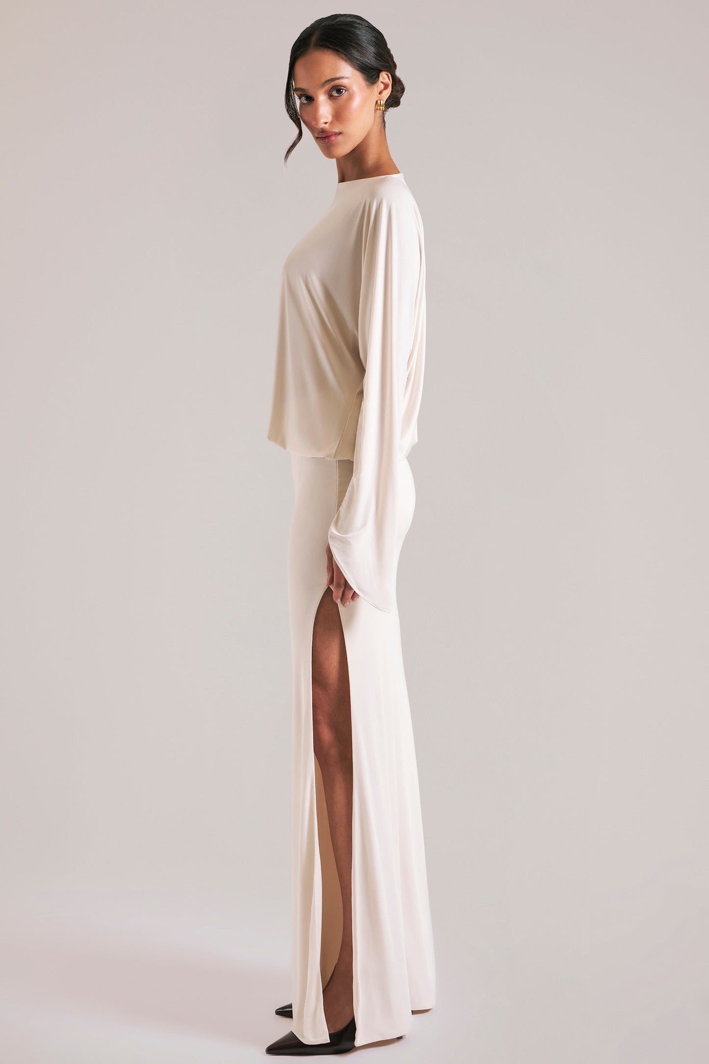 Long-Sleeve Draped Maxi Dress in Ivory