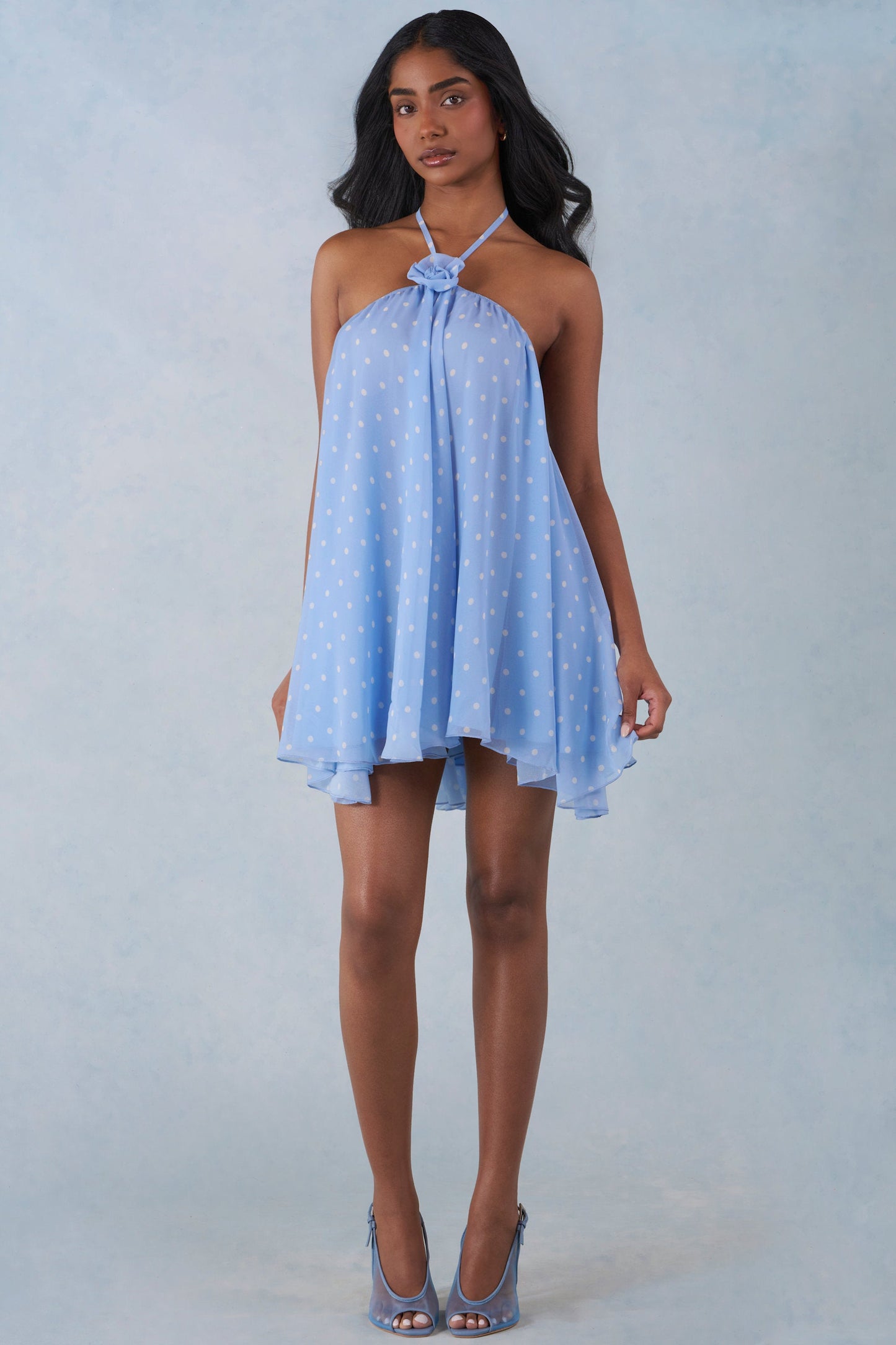 Halterneck Babydoll Mini Dress in Blue Polka Dot Print