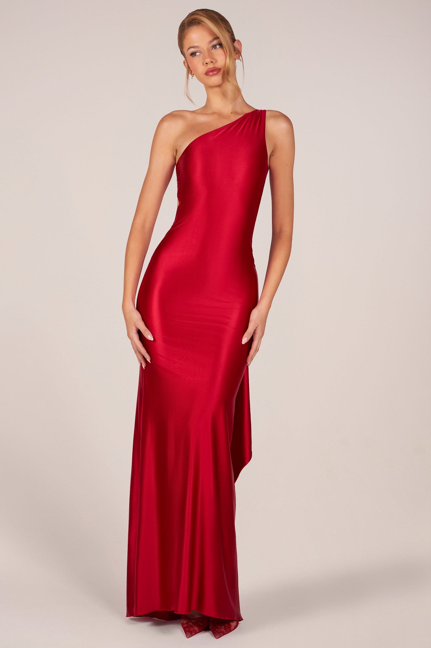 Asymmetric Tie-Back Gown in Rose Red
