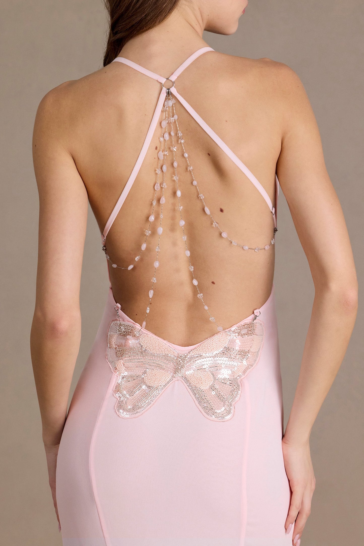 Chiffon Cowl-Neck Open-Back Gown in Baby Pink