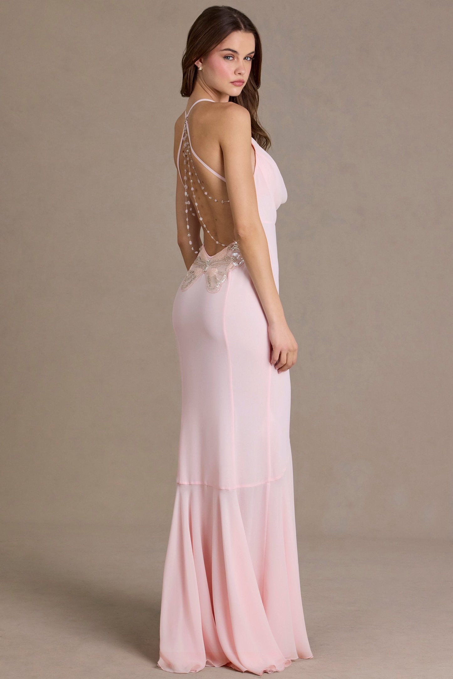 Chiffon Cowl-Neck Open-Back Gown in Baby Pink