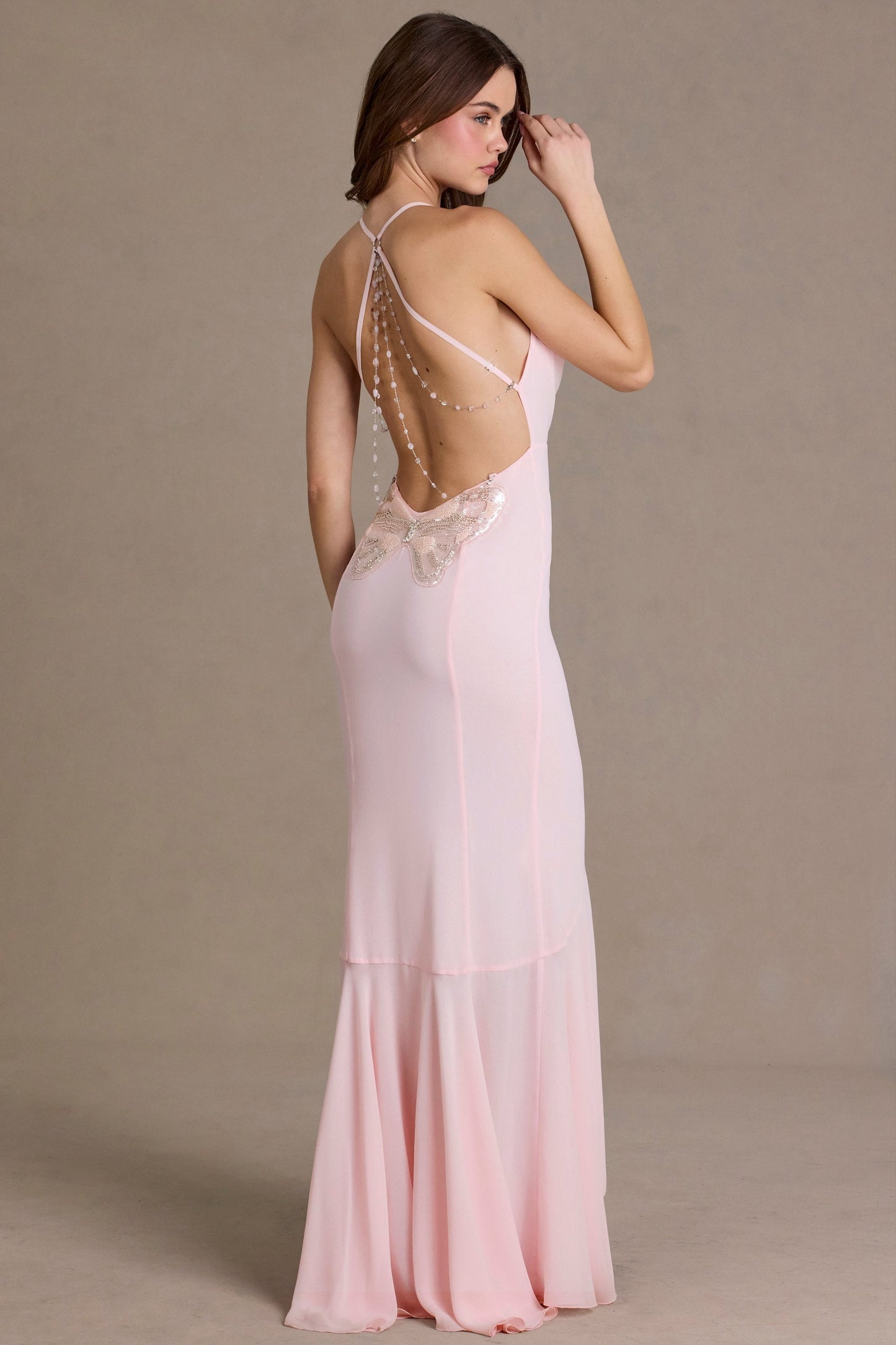 Chiffon Cowl-Neck Open-Back Gown in Baby Pink