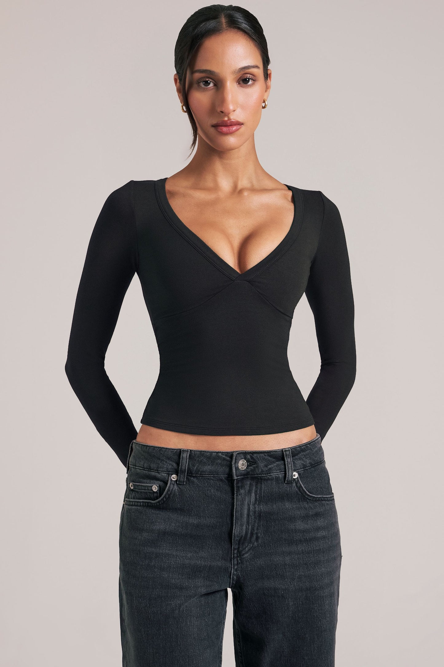 V-Neck Long-Sleeve Top  in Black