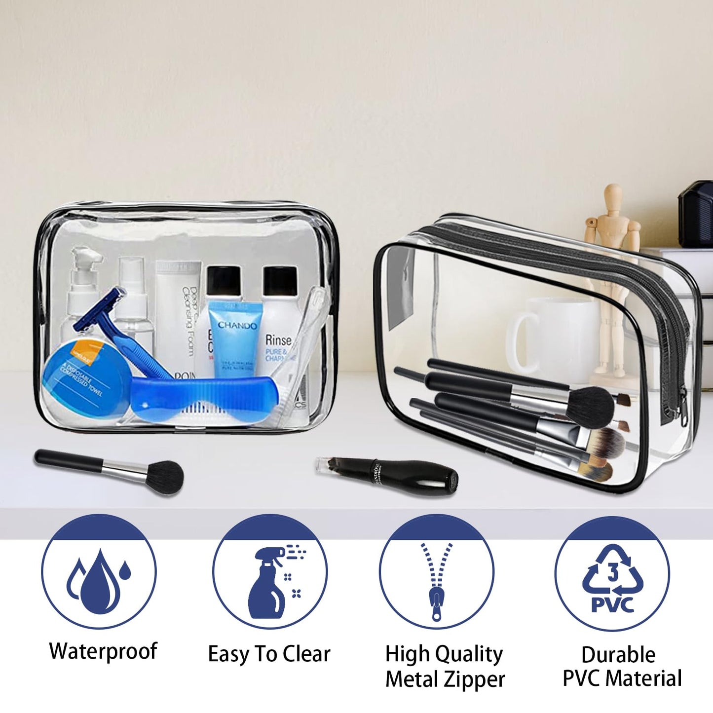 16 Pieces Clear Makeup Bags Bulk, TSA Approved Toiletry Bag for Travel, PVC Waterproof Travel Small Pouches Clear Pouch with Zipper for Men and Women Carry-on Travel Essentials Cosmetic Bags (Black)