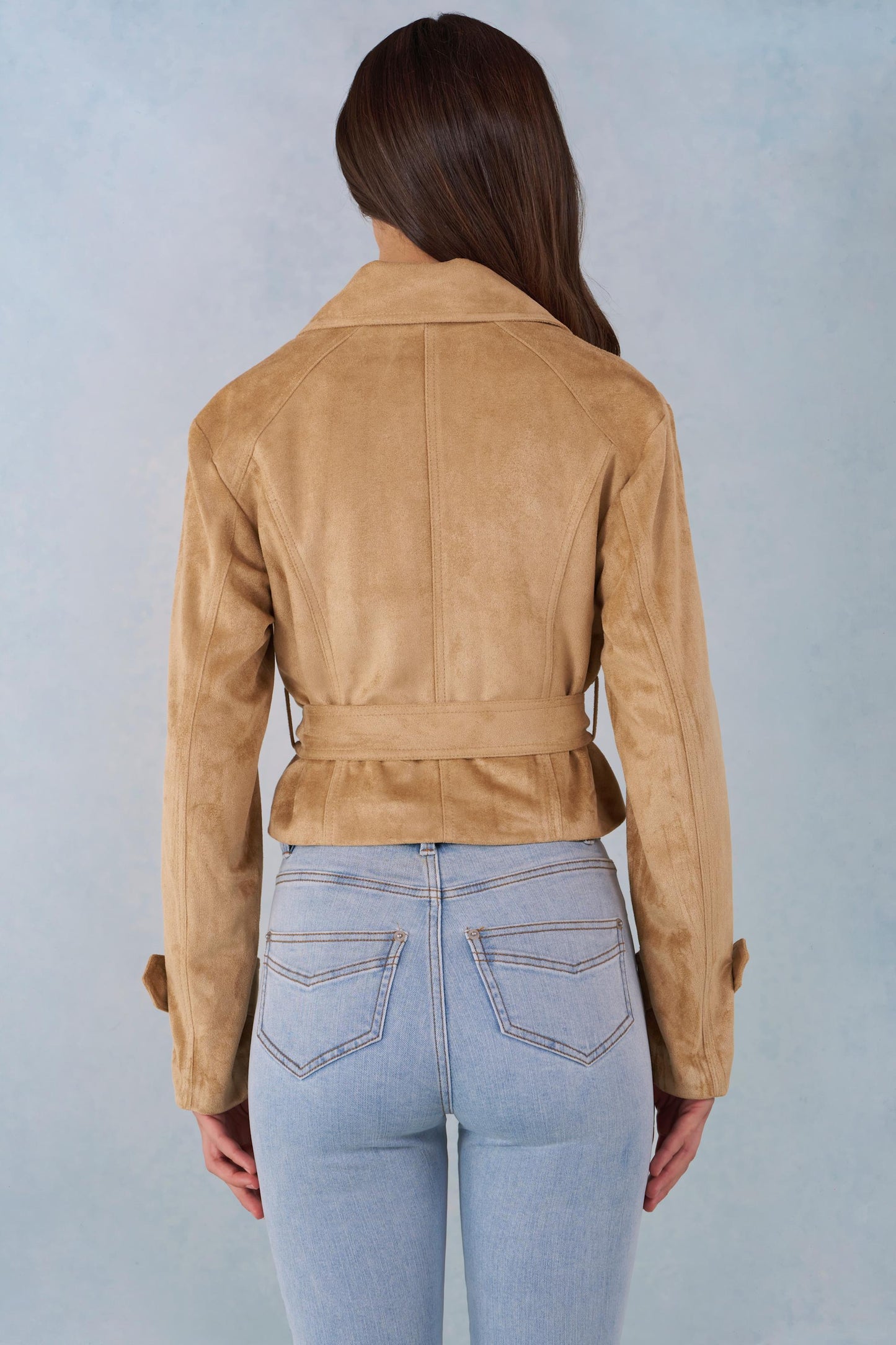 Faux Suede Cropped Belted Jacket in Tan