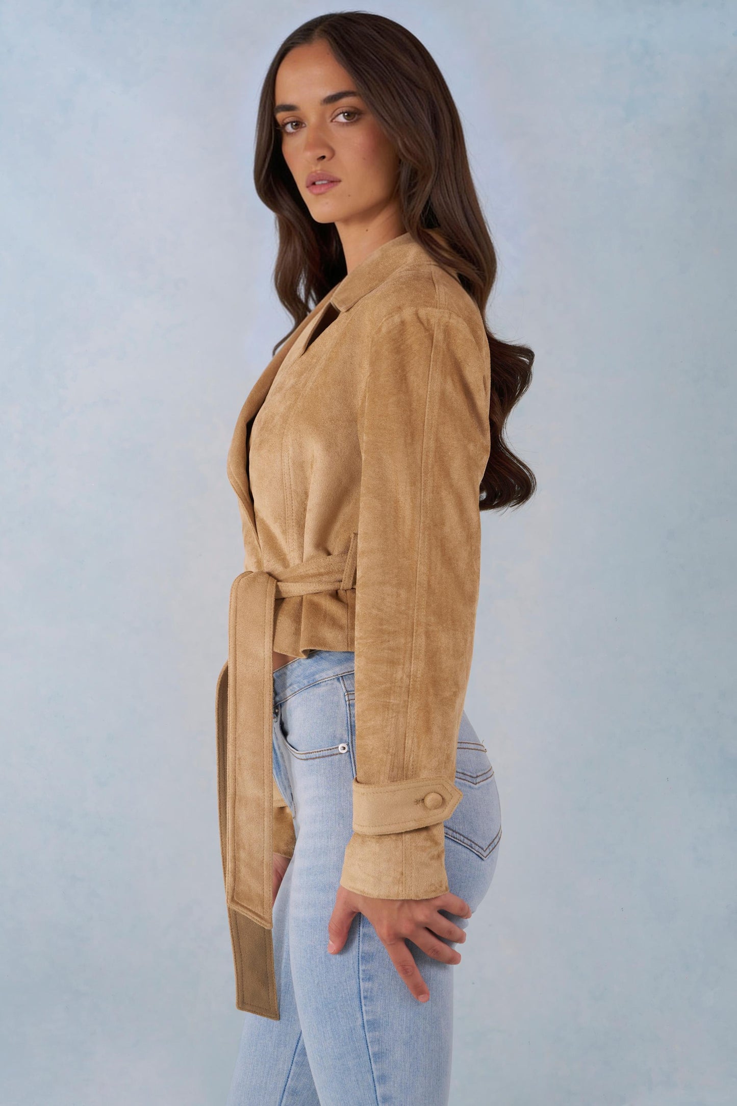 Faux Suede Cropped Belted Jacket in Tan