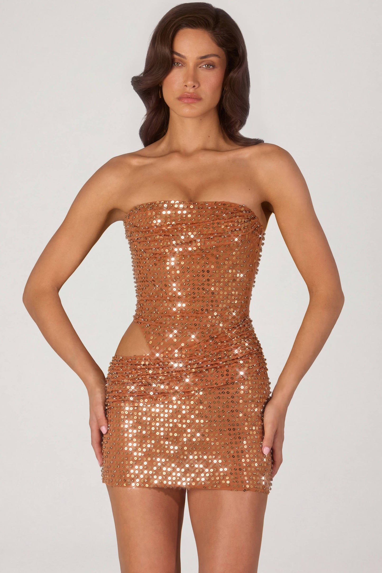 Embellished Cut-Out Mini Dress in Bronze