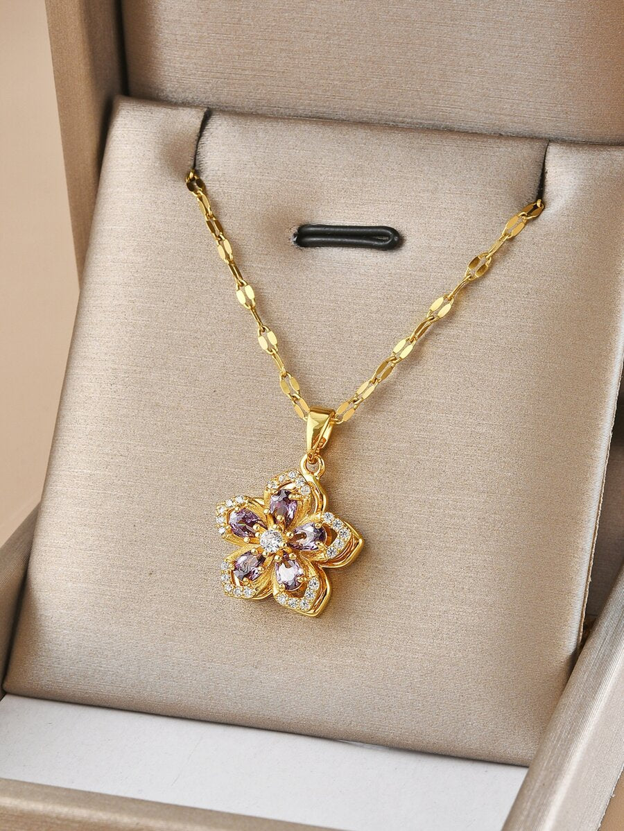 1pc Stainless Steel 5-Petal Rotating Flower Necklace