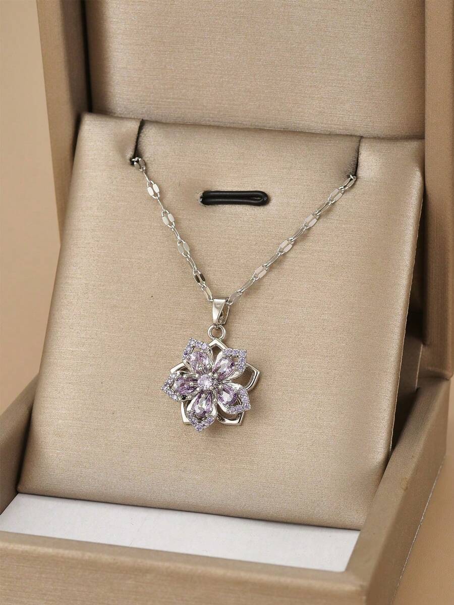 1pc Stainless Steel 5-Petal Rotating Flower Necklace
