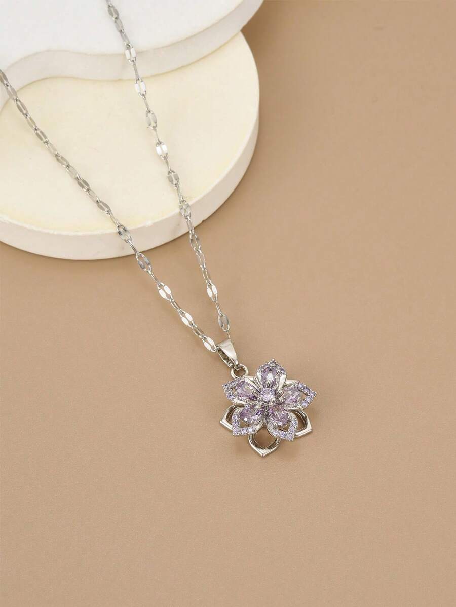 1pc Stainless Steel 5-Petal Rotating Flower Necklace