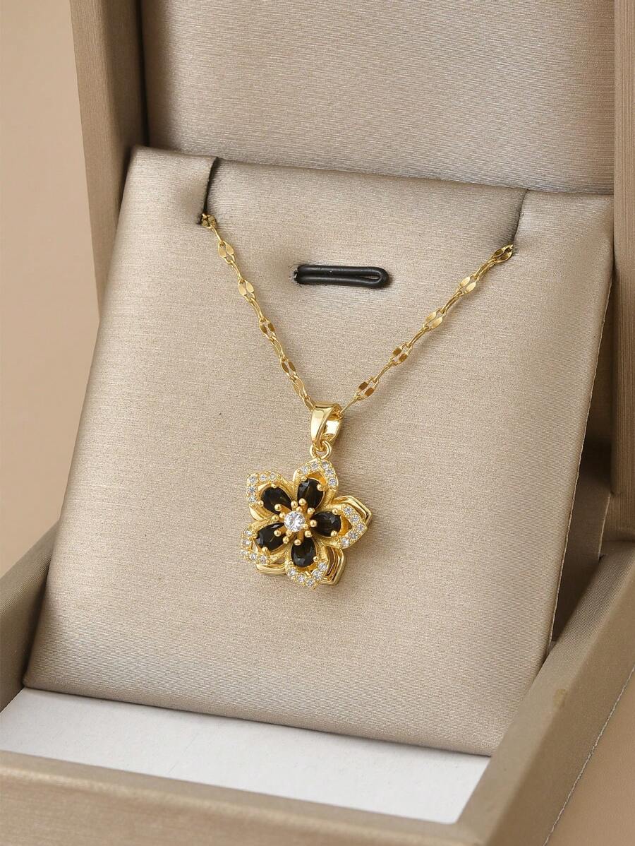 1pc Stainless Steel 5-Petal Rotating Flower Necklace