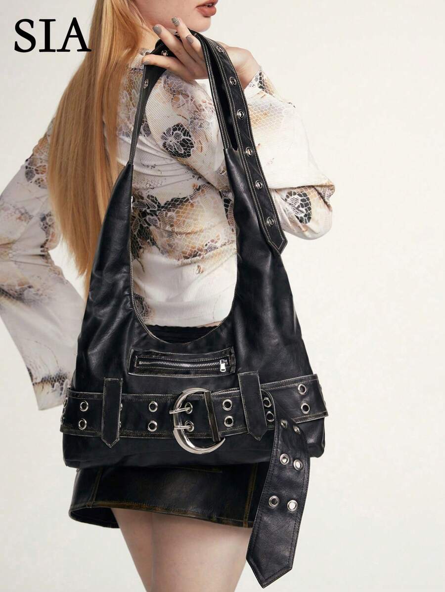 Multi-Strap Metal Decor Casual Distressed Faux Leather Shoulder Underarm Bag