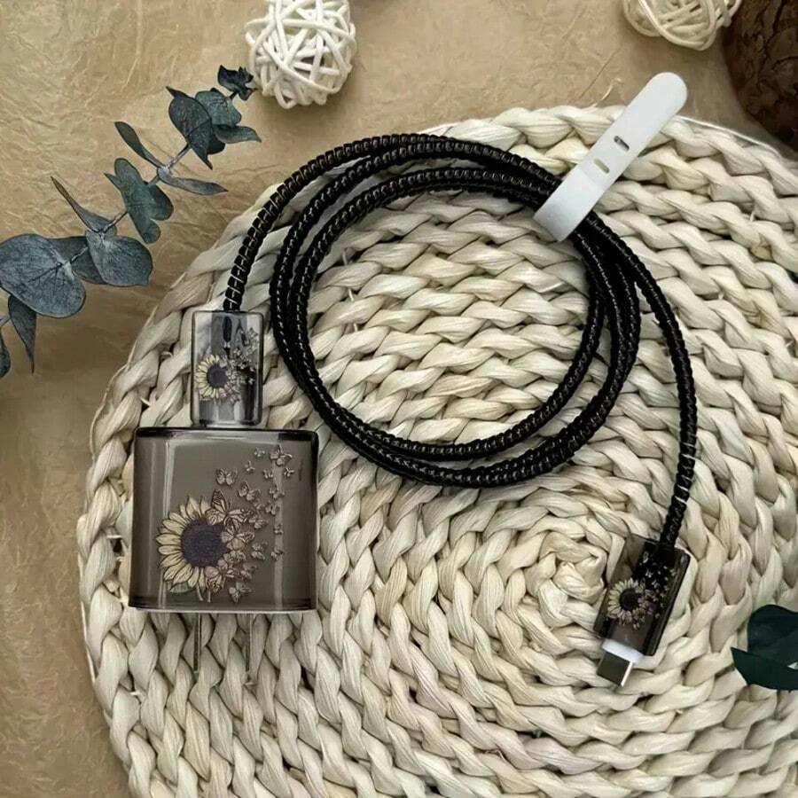 Printed Butterfly & Sunflower Design TPU Charging Cable Protector Case