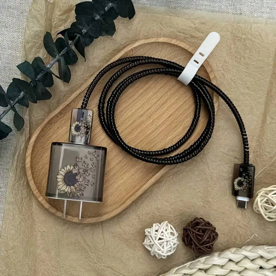 Printed Butterfly & Sunflower Design TPU Charging Cable Protector Case
