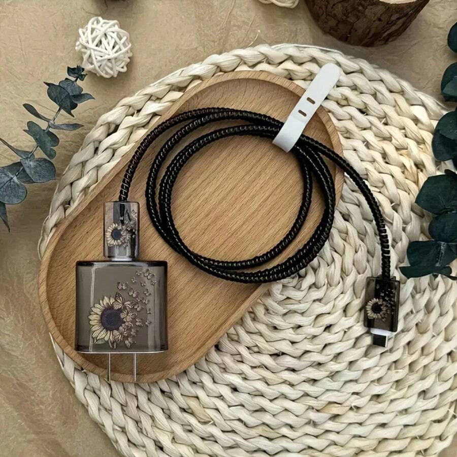 5pcs/Set Printed Butterfly & Sunflower Design TPU Charging Cable