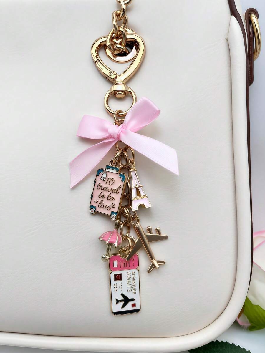 1pc Elegant Pink Bow Travel Keychain Pendant