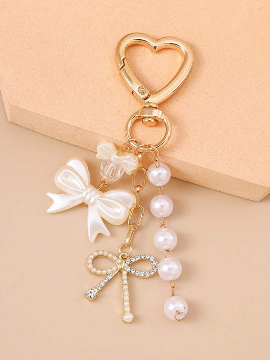 Unisex Faux Pearl Bow Keychain