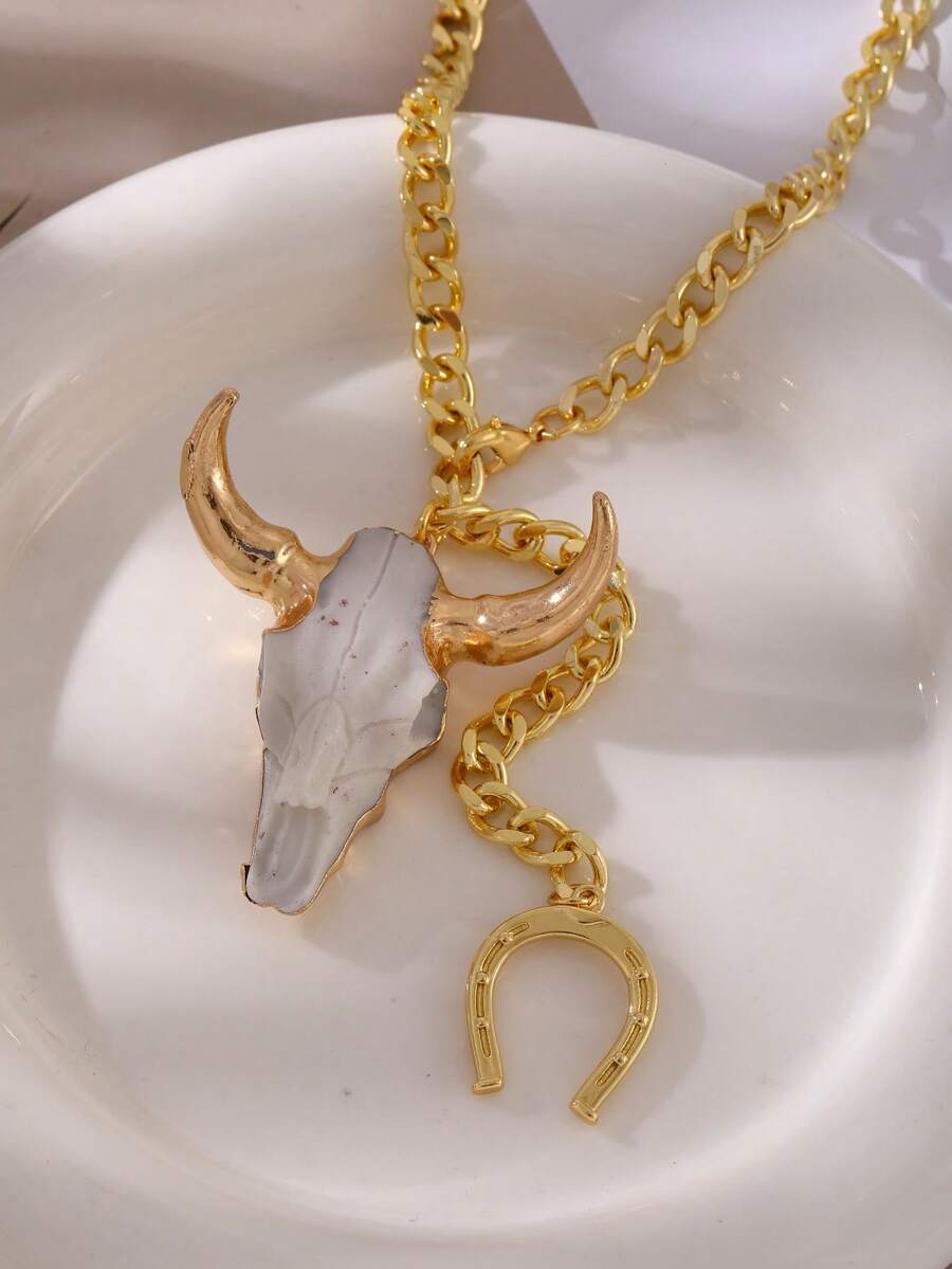 Unique Western Style Gold Copper Bead Horse Hoof Alloy Skull Bull Head Necklace