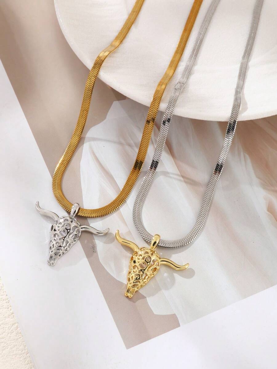 Unique Western Style Gold Copper Bead Horse Hoof Alloy Skull Bull Head Necklace