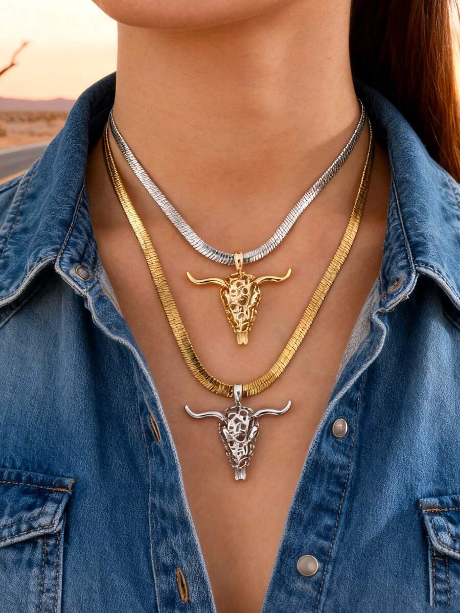 Unique Western Style Gold Copper Bead Horse Hoof Alloy Skull Bull Head Necklace