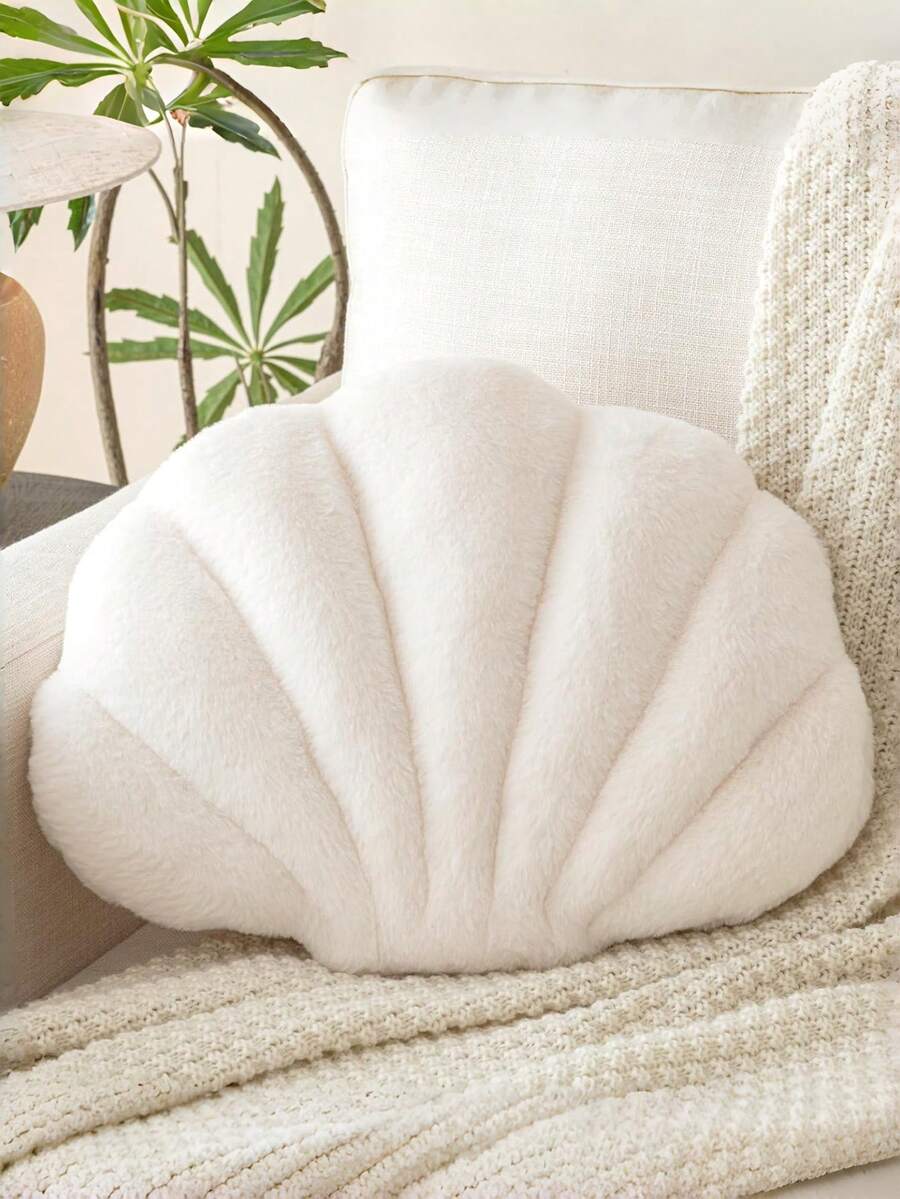 Soft Faux Fur Decorated Seashell Shaped Decorative Pillow