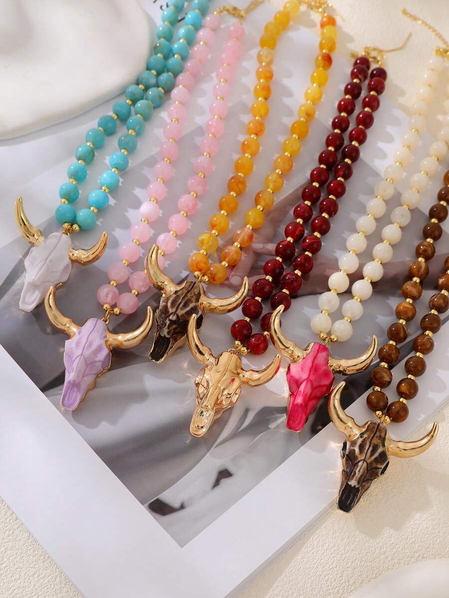 Gothic Style Fashionable Carved Bull Head Resin Bead Necklace