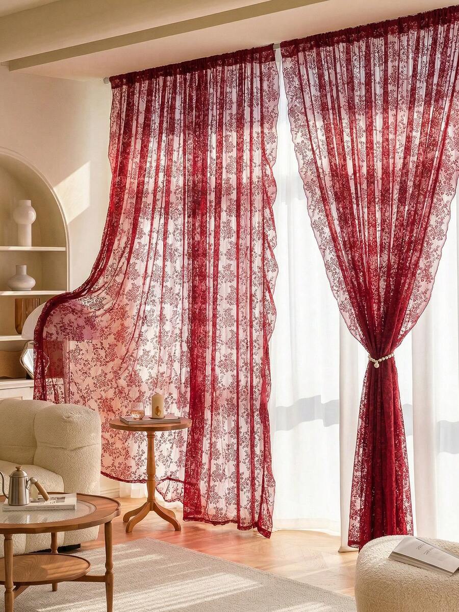 French Countryside Floral Lace Trim Curtain Sheer For Living Room