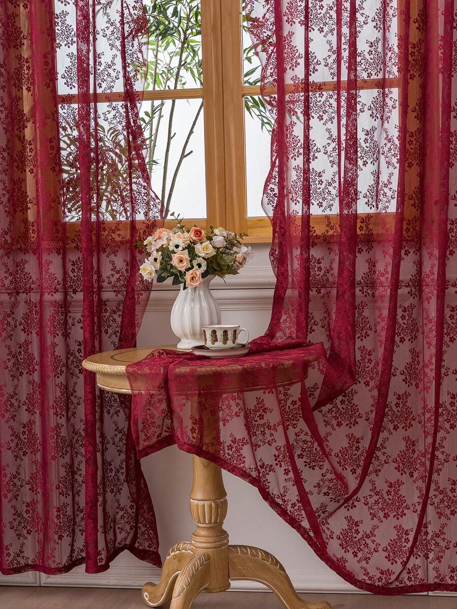 French Countryside Floral Lace Trim Curtain Sheer For Living Room