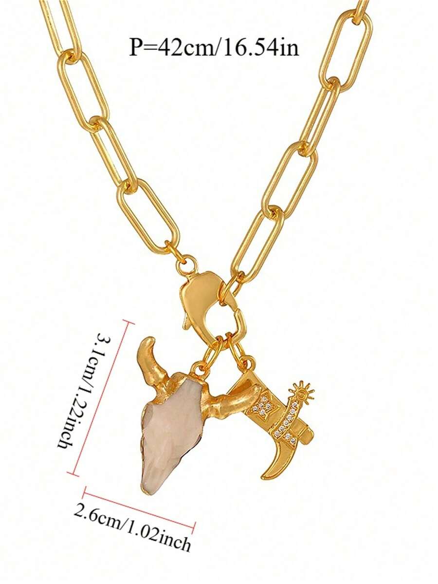 Unique Western Style Gold Copper Bead Horse Hoof Alloy Skull Bull Head Necklace