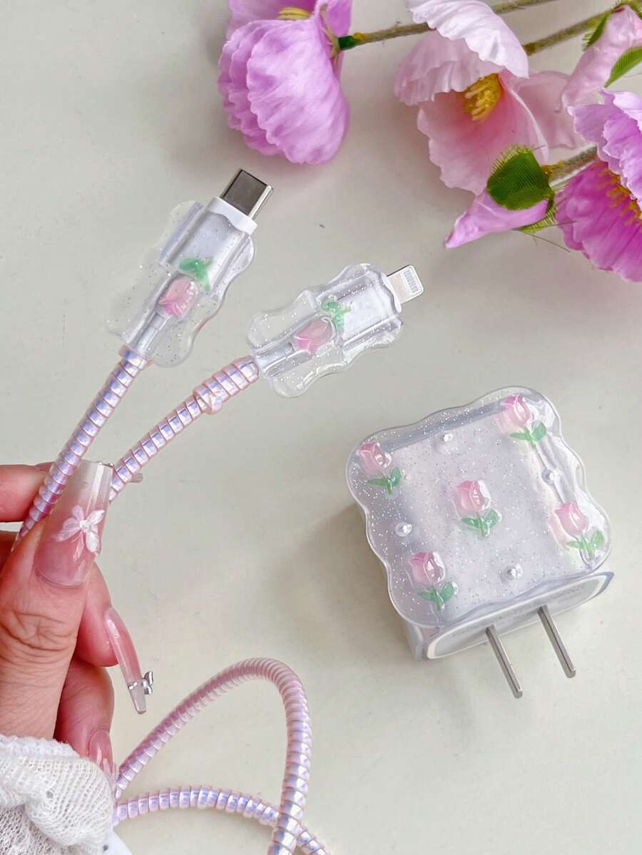 Purple Bow & White Pearl Design Charging Accessory Set