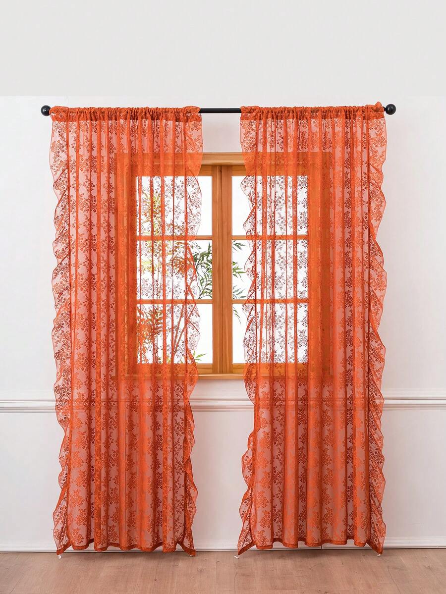 French Countryside Floral Lace Trim Curtain Sheer For Living Room
