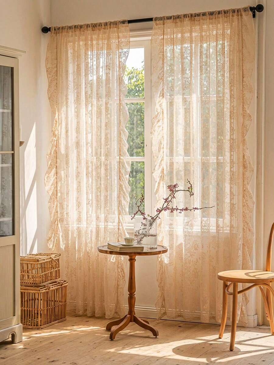 French Countryside Floral Lace Trim Curtain Sheer For Living Room