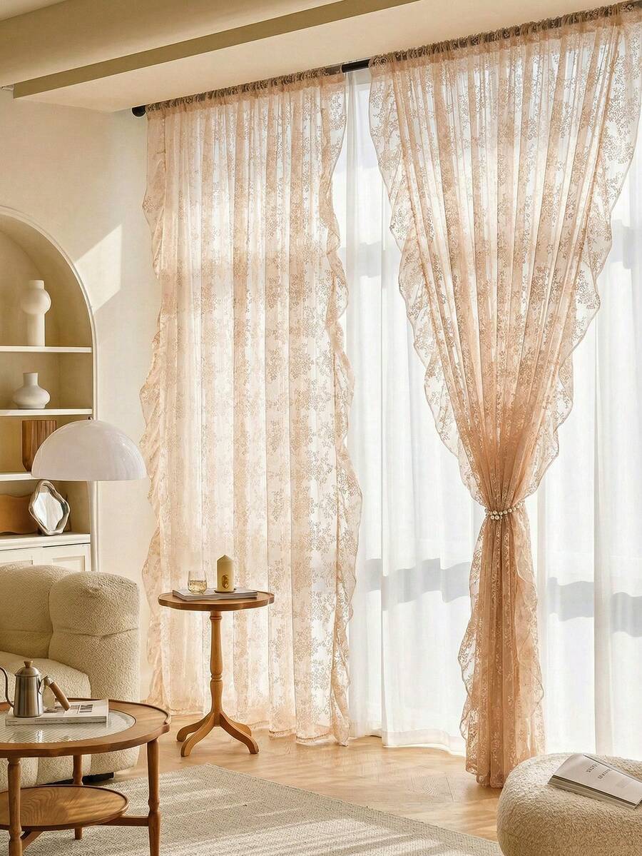 French Countryside Floral Lace Trim Curtain Sheer For Living Room