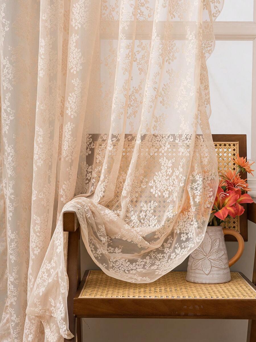 French Countryside Floral Lace Trim Curtain Sheer For Living Room