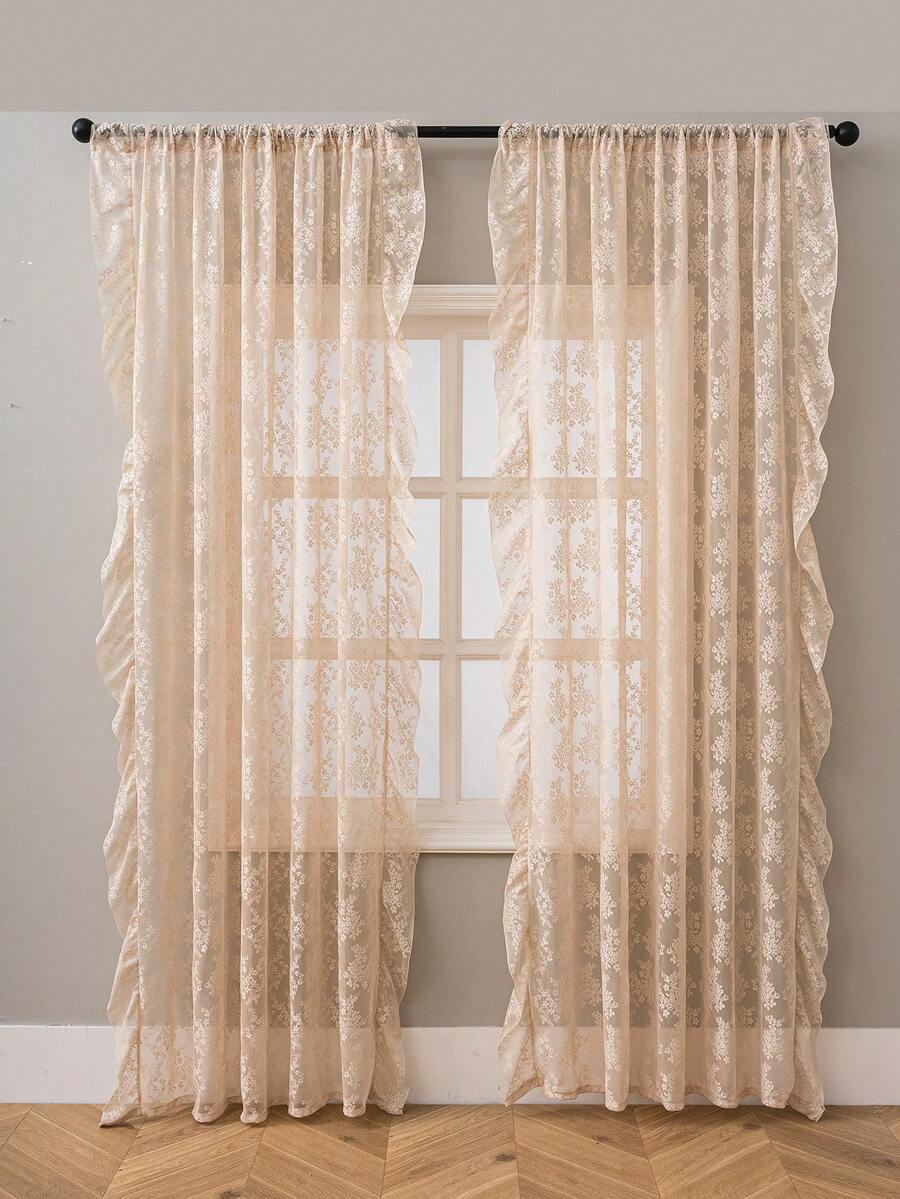 French Countryside Floral Lace Trim Curtain Sheer For Living Room