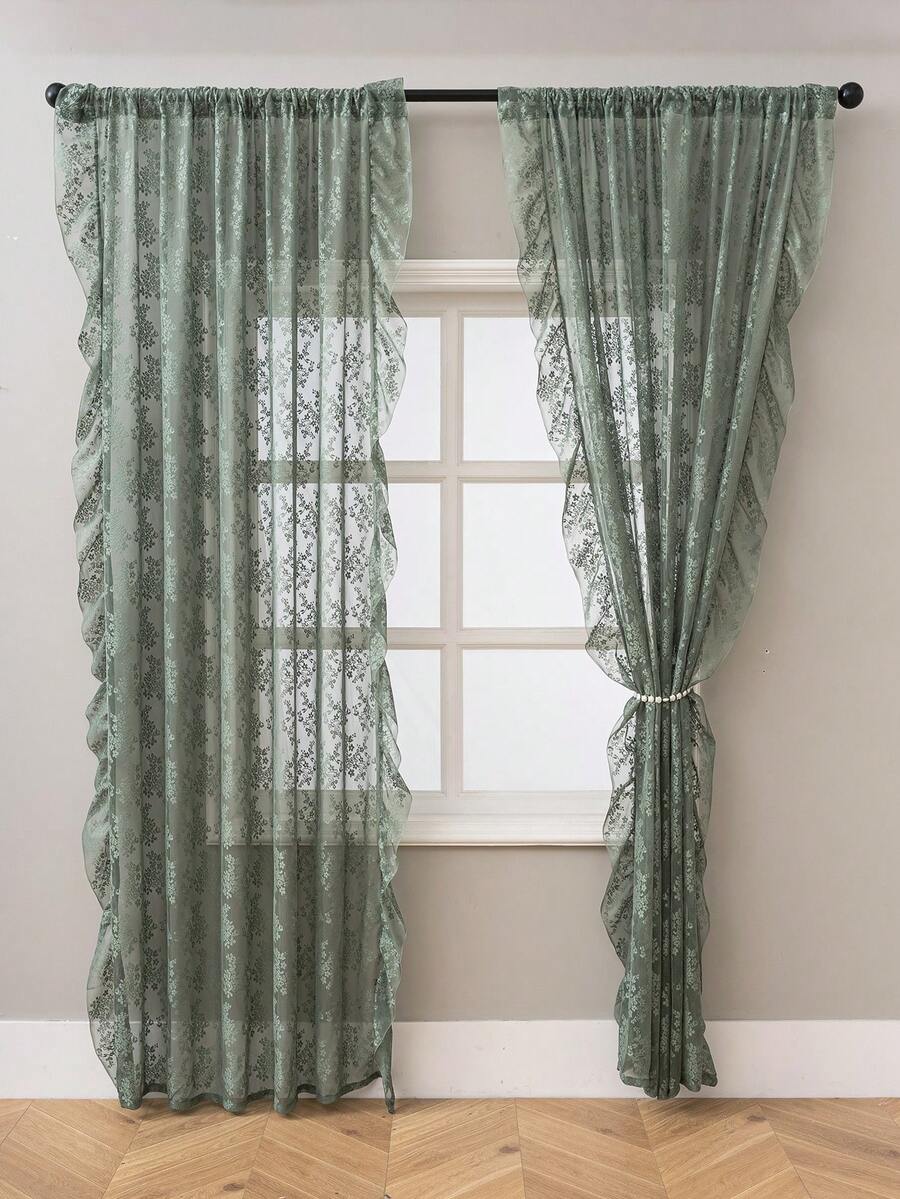 French Countryside Floral Lace Trim Curtain Sheer For Living Room