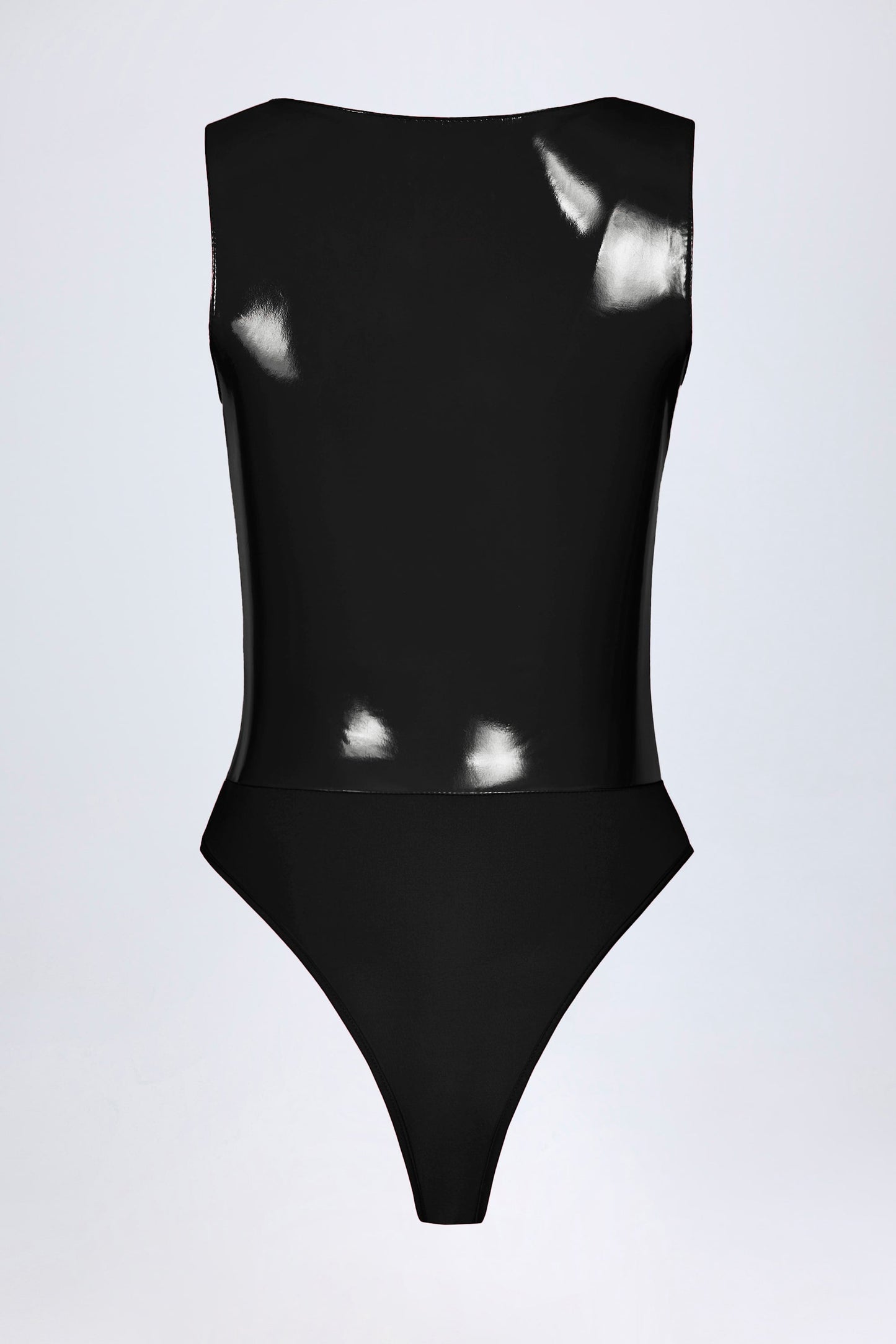Glossy Vinyl Plunge-Neck Bodysuit in Black