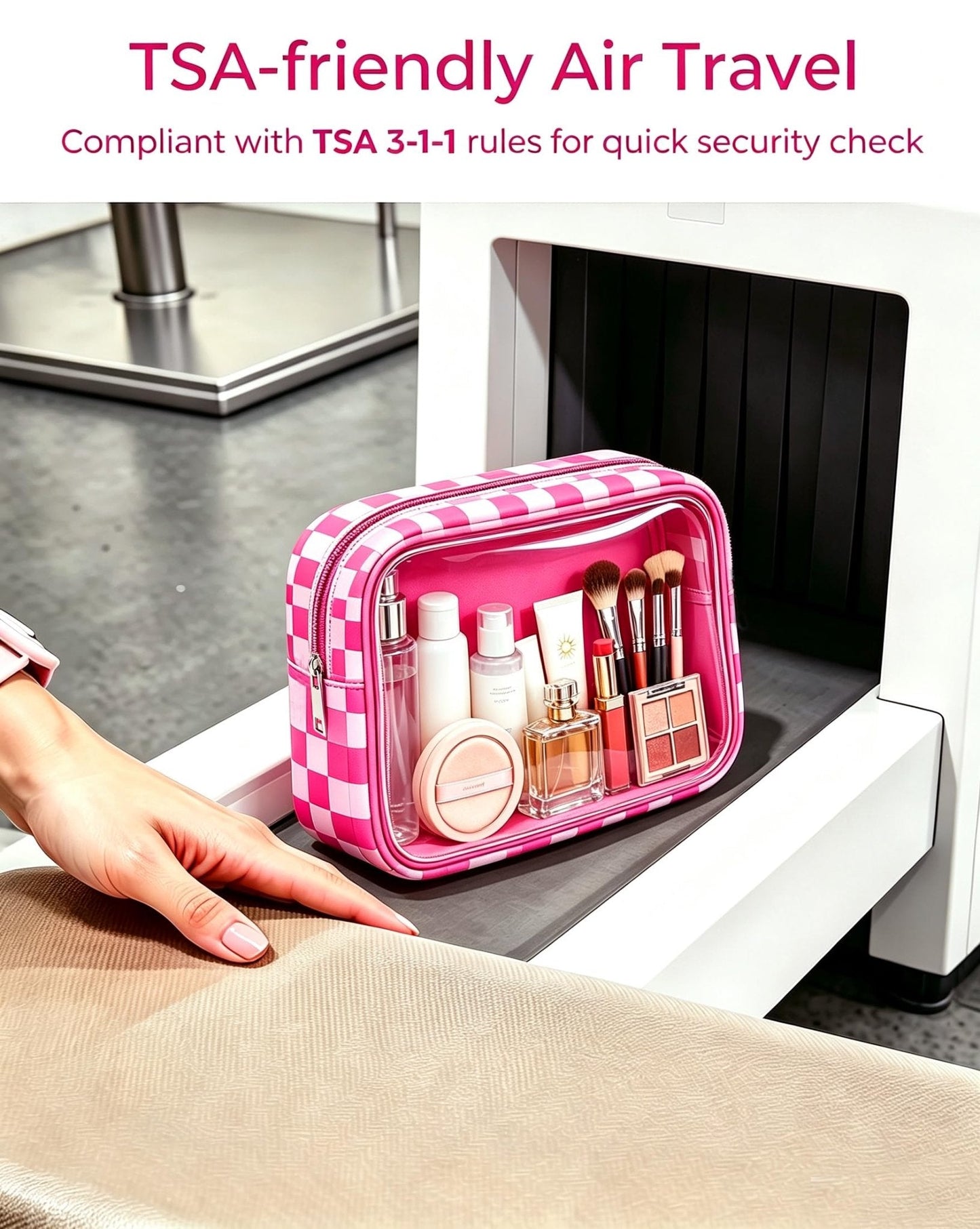 2 Pcs Clear Checkered Makeup Bag Set, Large Capacity Cosmetic Case Waterproof Travel Toiletry Bag Organizer Portable Makeup Pouch for Purse Small Make Up Bag Car Bag for Essentials (Mini+Large Rose)
