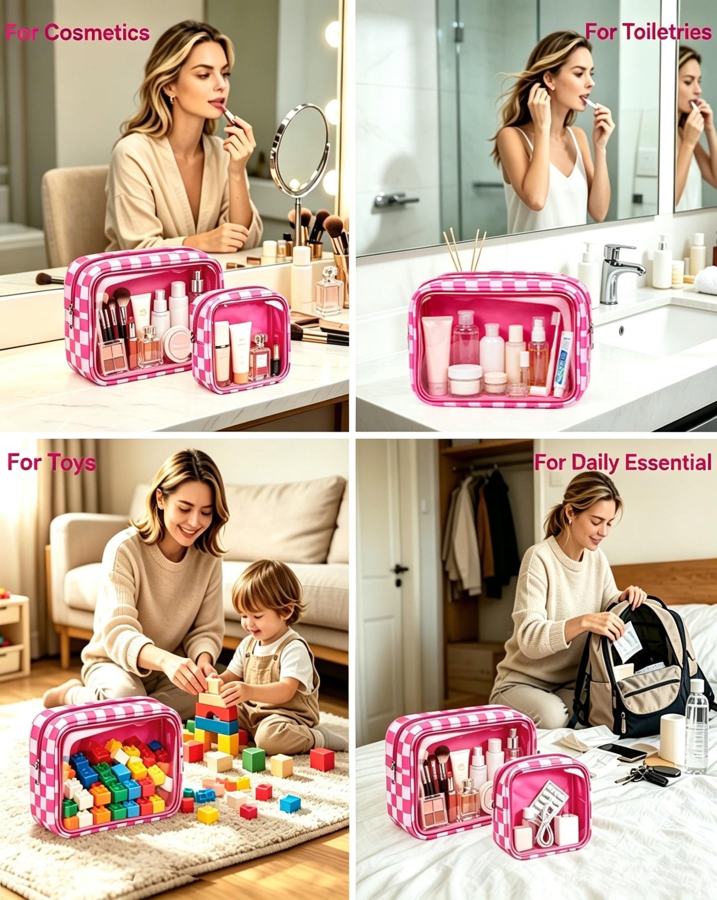 2 Pcs Clear Checkered Makeup Bag Set, Large Capacity Cosmetic Case Waterproof Travel Toiletry Bag Organizer Portable Makeup Pouch for Purse Small Make Up Bag Car Bag for Essentials (Mini+Large Rose)