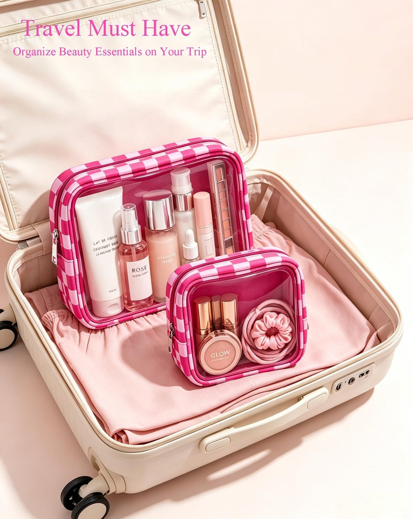 2 Pcs Clear Checkered Makeup Bag Set, Large Capacity Cosmetic Case Waterproof Travel Toiletry Bag Organizer Portable Makeup Pouch for Purse Small Make Up Bag Car Bag for Essentials (Mini+Large Rose)